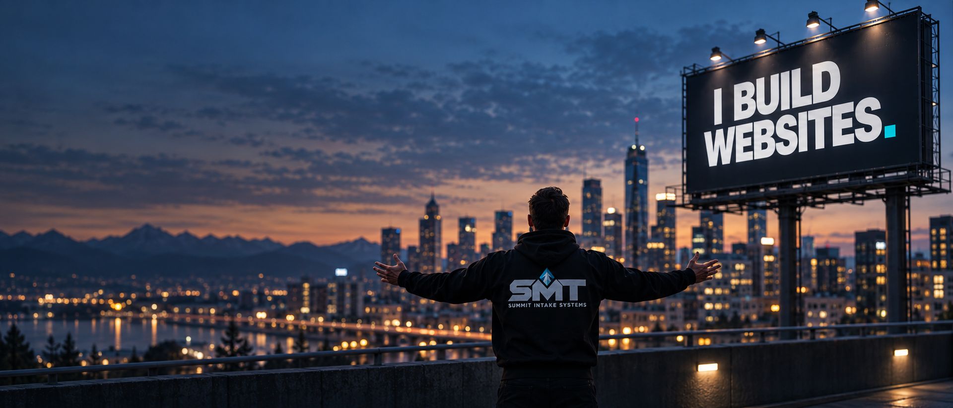 Drew of Summit Intake Systems, arms out in front of an 'I Build Websites.' billboard over a city skyline at dusk