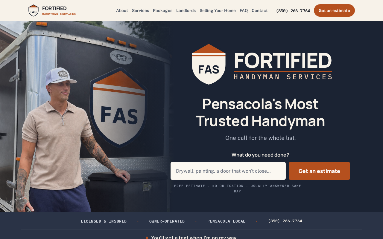 Fortified Asset Solutions homepage — a Pensacola handyman site with an estimate form above the fold