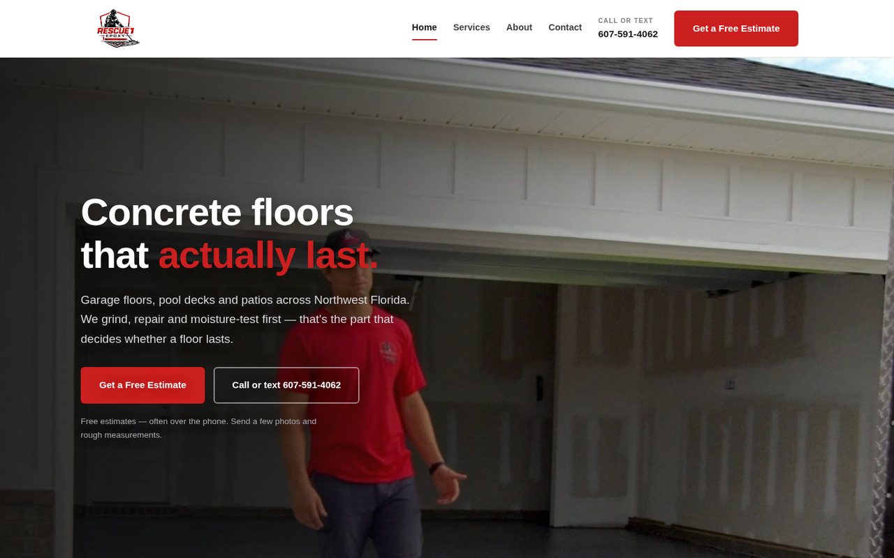 Rescue 1 Epoxy homepage — a garage and commercial floor coating site, photo-first