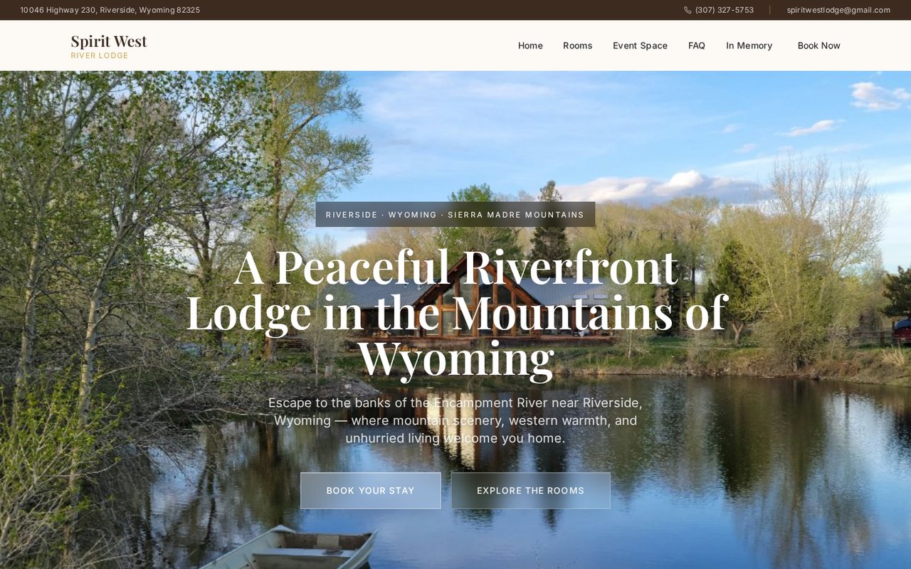 Spirit West River Lodge homepage — rooms, event space and a booking flow